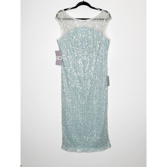 NWT JS Collections Cap Sleeve Claire Sequin Midi Dress Women's Aqua Blue Size 12 - Picture 3 of 8